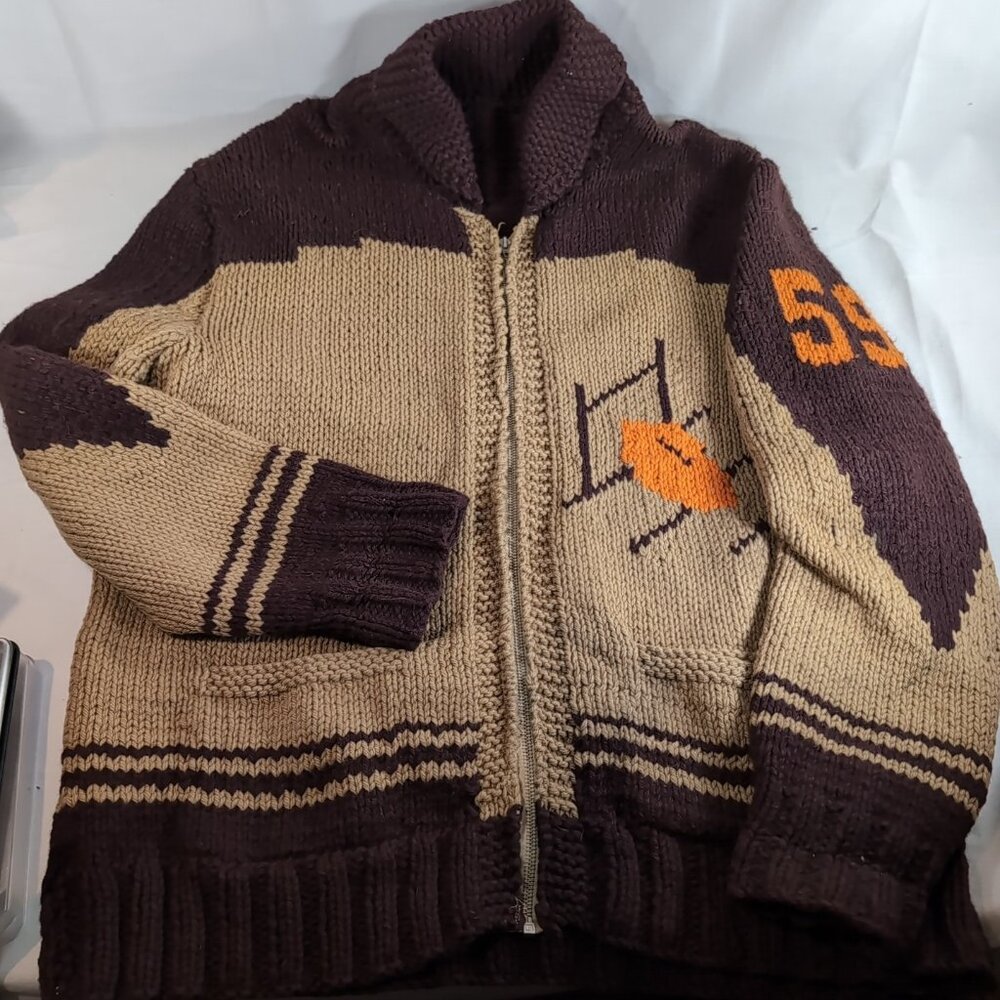 Cowichan 100% Wool Football Sweater Vintage Knit Zip 59 Brown Orange NFL Men XL